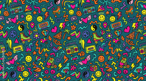 Vibrant 80s Retro Doodle Pattern with Cassette Tapes, Roller Skates, and Music Elements