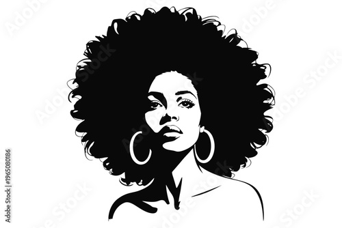 Black and white of a woman with large afro hairstyle and hoop earrings large hair curly hair