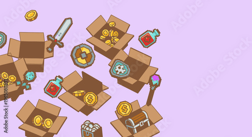 Pixel art fantasy game loot items spilling from cardboard boxes on a purple background, showcasing retro RPG treasures and rewards concept.