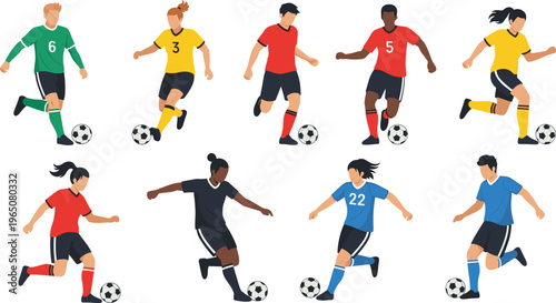 Vector set of diverse male and female soccer players in action poses with footballs for sports tournament team branding and athletic competition promotion.