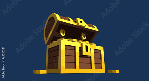 3D rendered illustration of a stylized golden treasure chest with its lid slightly open, revealing potential riches inside, against a dark blue background.
