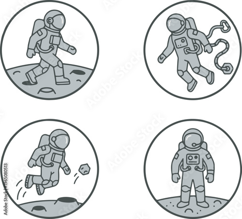Astronaut on Moon Surface Icon Set, Lunar Exploration Line Art Illustrations
