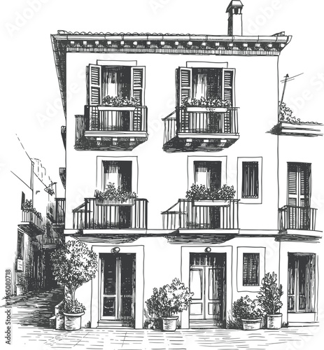 Charming european house sketch illustration, vintage street architecture with balconies and plants, hand drawn building exterior isolated