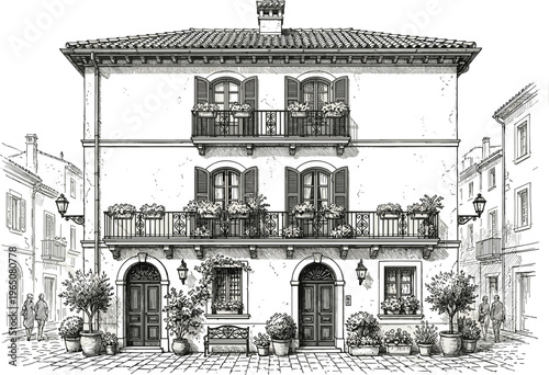 Charming european street house sketch illustration, vintage architecture with balconies and plants, detailed urban exterior isolated on white
