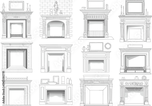 Classic fireplace collection in vintage style, interior decor elements set, hand drawn sketch architecture isolated on white background