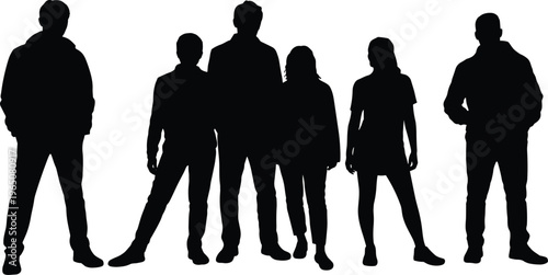 Group of people silhouettes standing together, diverse crowd concept, teamwork unity, community lifestyle isolated on white background