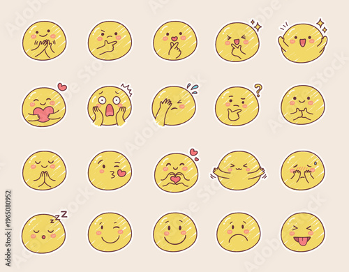 A collection of cute kawaii smiley emoji stickers featuring various facial expressions and hand gestures such as love, peace sign, laughter, and happiness.