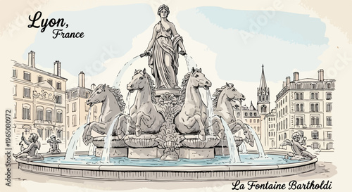 Illustration de la célèbre Fontaine Bartholdi située sur la Place des Terreaux à Lyon, montrant les chevaux sculptés et l'architecture urbaine.