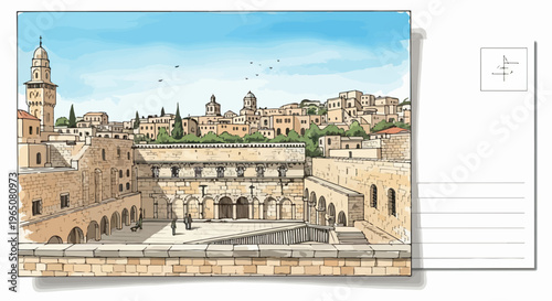 Carte postale artistique illustrant la vue panoramique de la vieille ville de Jérusalem avec son architecture ancienne en pierre et ses dômes iconiques.