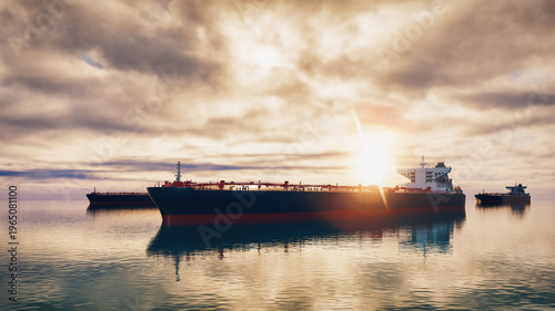 Large oil tanker ship sailing in the ocean at sunset, 3D render illustration.