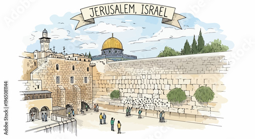 Illustration artistique à l'aquarelle de Jérusalem avec le Mur des Lamentations, le Dôme du Rocher et une banderole vintage pour le voyage en Israël.