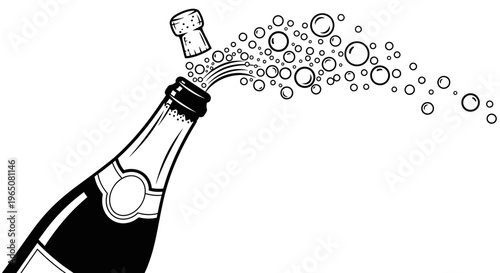 Champagne bottle opening with bubbles