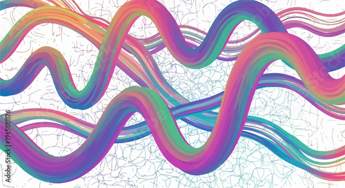 Illustration numérique de rubans dynamiques aux couleurs de l'arc-en-ciel créant un mouvement fluide et abstrait sur un fond blanc texturé de lignes.