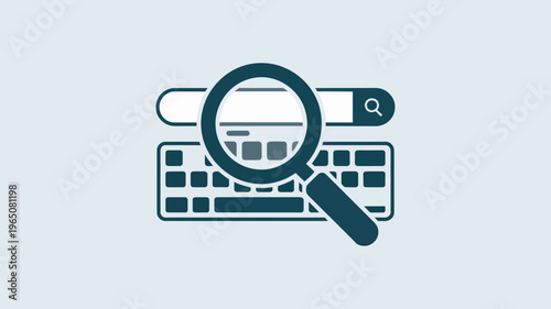 A graphic illustration of a magnifying glass over a computer keyboard and search bar, symbolizing online search and digital investigation.
