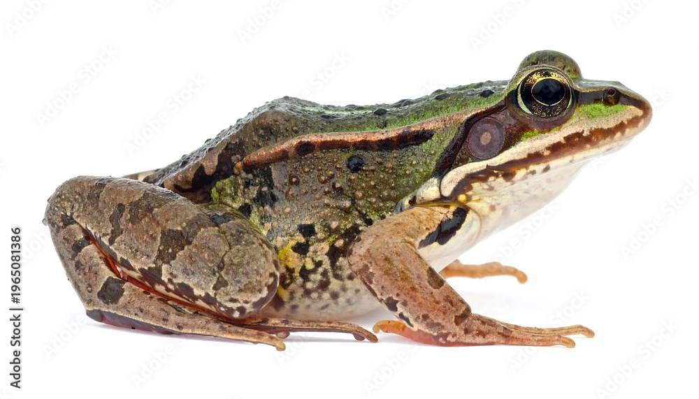 Obraz premium A green frog with brown spots and orange legs