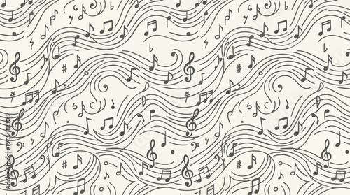Melodic Abstract Pattern of Musical Notes Flowing in Waves Across a Light Background