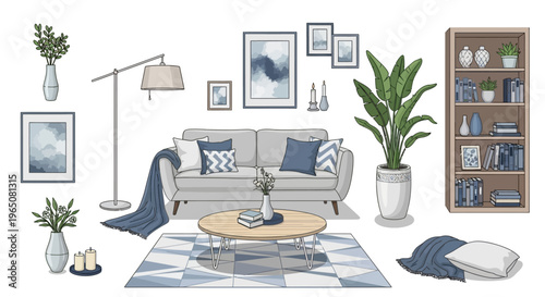 Cozy living room scene with sofa, coffee table, bookshelf, and decor