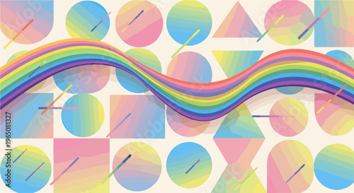 Un motif abstrait moderne composé de formes géométriques colorées et d'un ruban arc-en-ciel ondulé sur un fond pastel doux et créatif.
