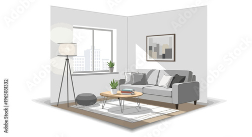 Modern Living Room Interior Design with Sofa, Coffee Table, and Floor Lamp