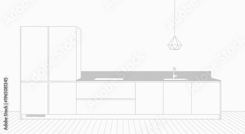 Modern Kitchen Design Blueprint: Minimalist Cabinets, Island, Pendant Light, and Sink