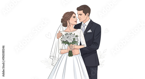 Elegant Wedding Couple Portrait: Bride and Groom in Romantic Embrace