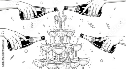 champagne bottle pouring into glasses