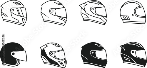 Vector set of motorcycle and racing helmet icons in silhouette and outline styles for automotive safety biker gear and motorsport branding projects.