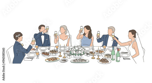 Wedding Celebration Toast: Diverse Guests Toasting at Elegant Reception Table