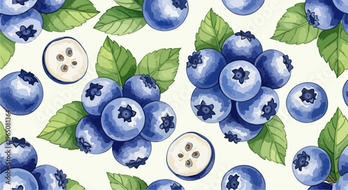 Motif sans couture à l'aquarelle avec des myrtilles fraîches, des feuilles vertes et des coupes de fruits sur un fond blanc pour le design.