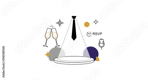 Celebration Podium with Champagne, Tie, and RSVP Icon - Event Concept