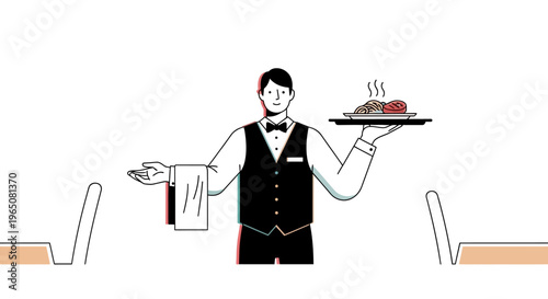 Waiter serving food on a tray, restaurant service, hospitality, food presentation