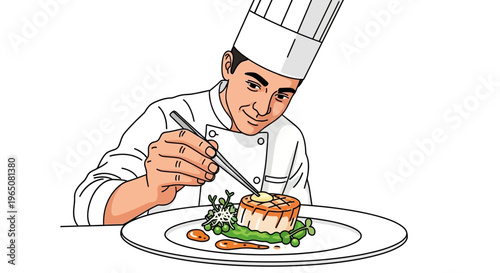 Chef garnishing gourmet food dish with precision on white background