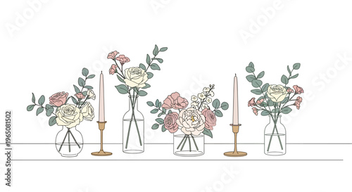 Elegant Floral Arrangement with Candles on White Background