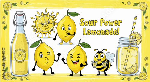Illustration de personnages de citrons rigolos pour une limonade rafraîchissante avec une abeille souriante et un soleil éclatant sur fond jaune.