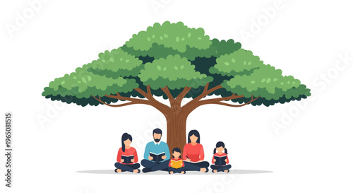 Family Reading Books Under Large Tree Shade