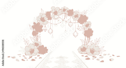 Elegant Floral Wedding Arch with Hanging Lanterns and Petal Lined Aisle