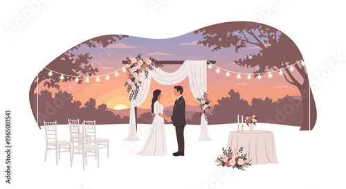 Couple's wedding ceremony at sunset with floral arch and string lights.