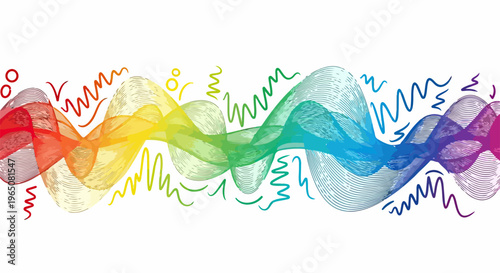 Illustration abstraite d'une onde sonore dynamique avec un dégradé arc-en-ciel et des lignes ondulées sur un fond blanc épuré pour projets créatifs.