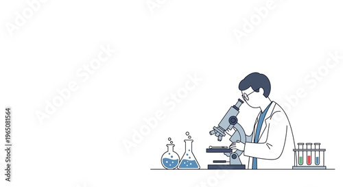 Scientist Examining Sample Under Microscope in Laboratory with Test Tubes and Beakers