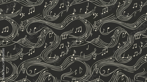 Abstract seamless pattern of musical notes and flowing lines on a dark background, perfect for creative designs