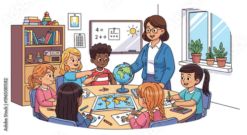 Teacher Explains Globe to Diverse Children in Classroom