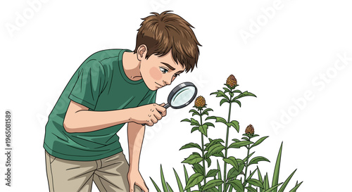 Curious boy examining plants with a magnifying glass, exploring nature, science education
