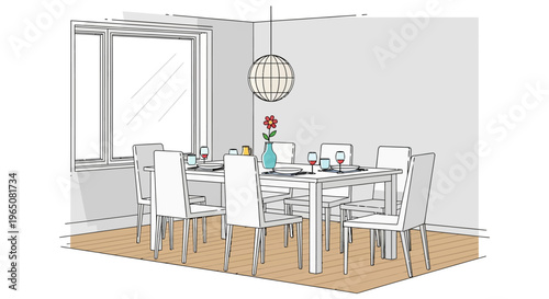 Modern Dining Room Sketch: Table, Chairs, Pendant Light, Window View