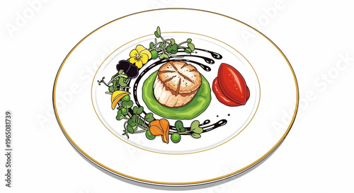 Gourmet Scallop Dish with Pea Puree, Edible Flowers, and Balsamic Glaze