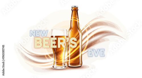 Illustration of a beer bottle and glass with the text 'New Beer's Eve' on a white background, celebrating a beer festival concept with a craft beer celebration theme.