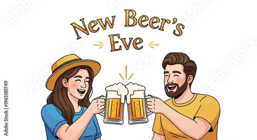 A cheerful man and woman toasting beers in a celebratory scene with a festive New Beer's Eve design in a colorful illustration.