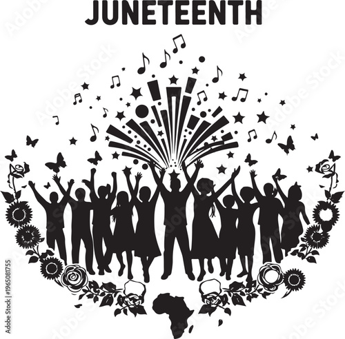 Juneteenth celebration silhouette with fireworks and floral patterns, Generative Ai