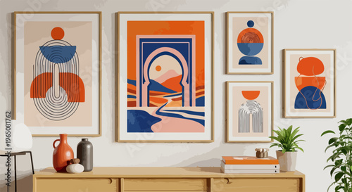 Décoration d'intérieur élégante présentant une collection de cadres artistiques abstraits aux motifs géométriques et paysages minimalistes.
