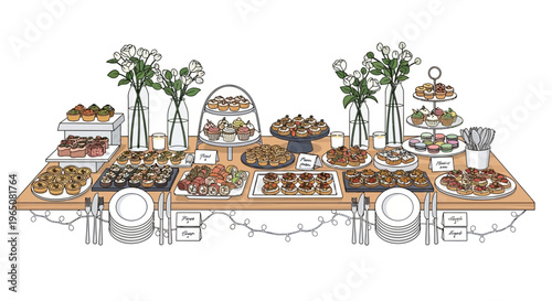 Elegant Dessert Buffet Table with Assorted Pastries and Flowers