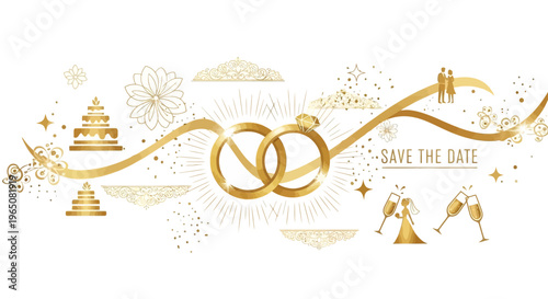Golden Wedding Rings, Bride, Groom, Cake, Champagne, Save the Date, Celebration Elements